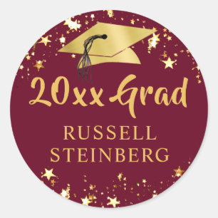 Graduation Class of Year Maroon Gold Stars Name Classic Round Sticker