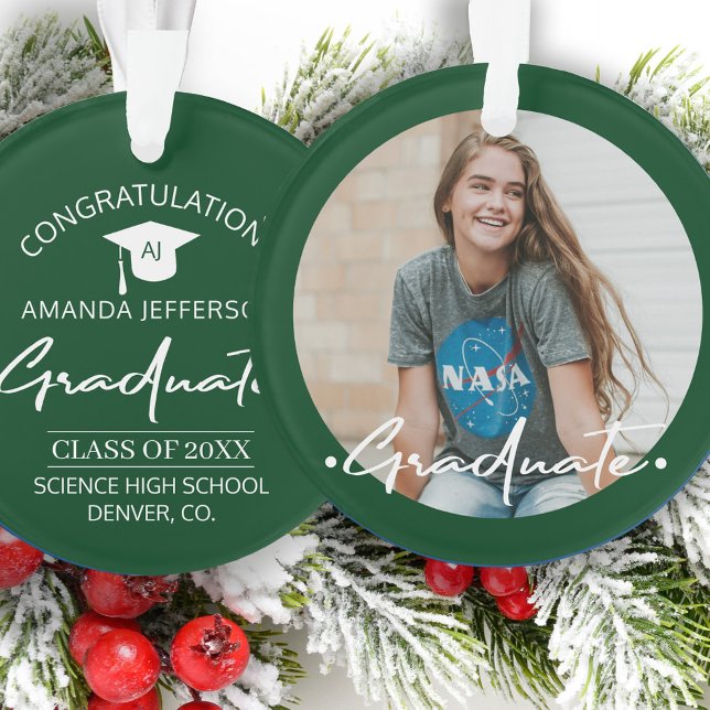 Graduation | Class year and school PHOTO green Ornament (Creator Uploaded)