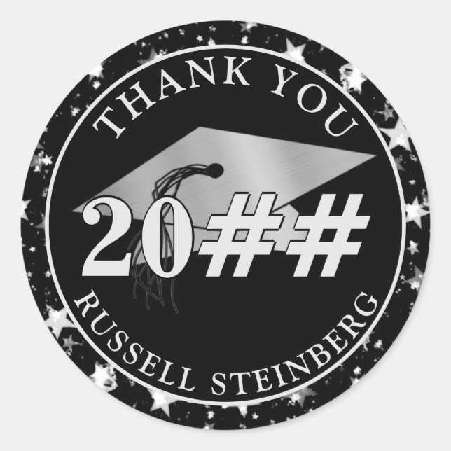 Graduation Class Year Black Silver Stars THANK YOU Classic Round Sticker (Front)