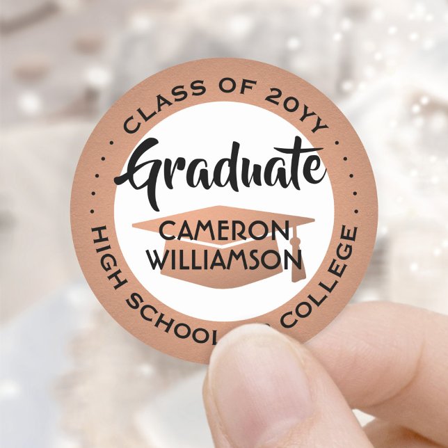 Graduation Class Year Black White & Copper Modernx Classic Round Sticker (Creator Uploaded)