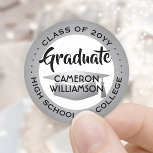 Graduation Class Year Black White & Silver Modern Classic Round Sticker
