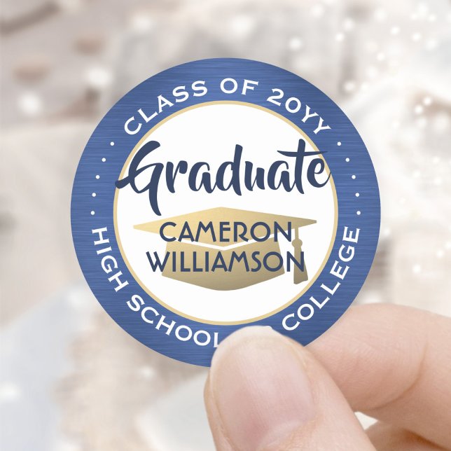 Graduation Class Year Brushed Blue and Gold Modern Classic Round Sticker (Creator Uploaded)