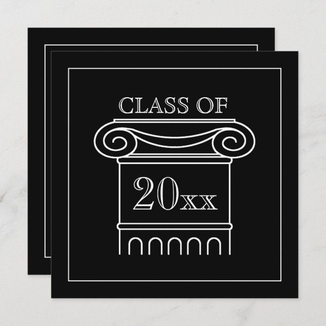Graduation Class Year Elegant Modern Black White Invitation (Front/Back)