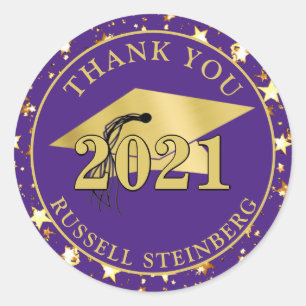 Graduation Class Year Purple Gold Stars THANK YOU Classic Round Sticker