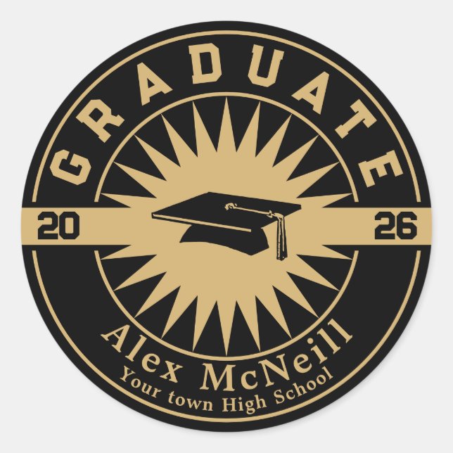 Graduation Classic Gold & Black Template Round Sticker (Front)