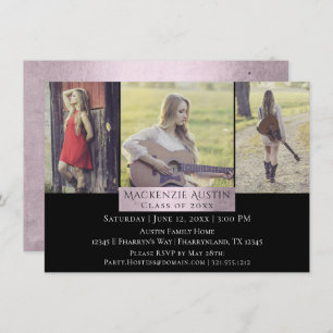 Graduation Collage Pink Rose Blush 3 Photo Grad Invitation