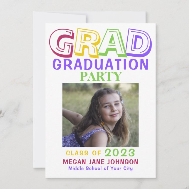 Graduation colourful middle school grad photo invitation (Front)