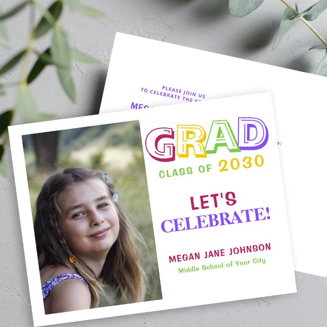 Graduation colourful middle school grad photo invitation postcard (Creator Uploaded)