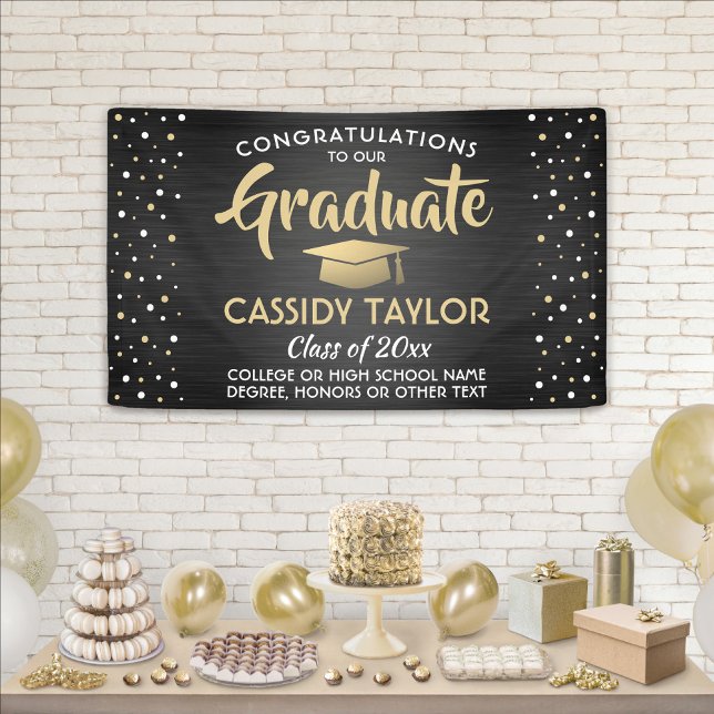 Graduation Confetti Brushed Black Gold and White Banner (Creator Uploaded)