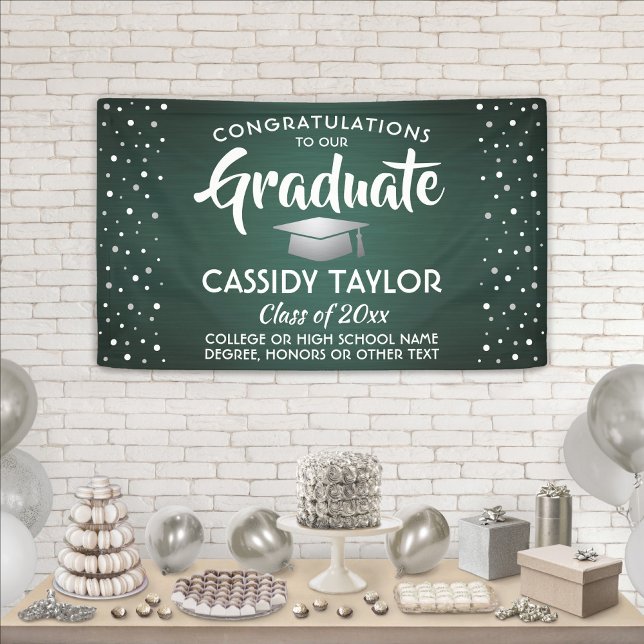 Graduation Confetti Brushed Dark Green and White Banner (Creator Uploaded)