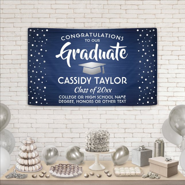 Graduation Confetti Brushed Navy Blue White Silver Banner (Creator Uploaded)