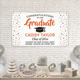 Graduation Confetti Modern Orange White and Black Banner