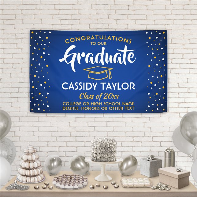 Graduation Confetti Modern Royal Blue Gold Yellow Banner (Creator Uploaded)