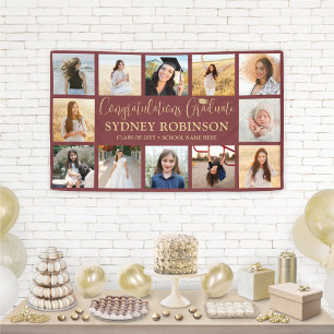 Graduation Congrats 12 Photo Collage Burgundy Gold Banner
