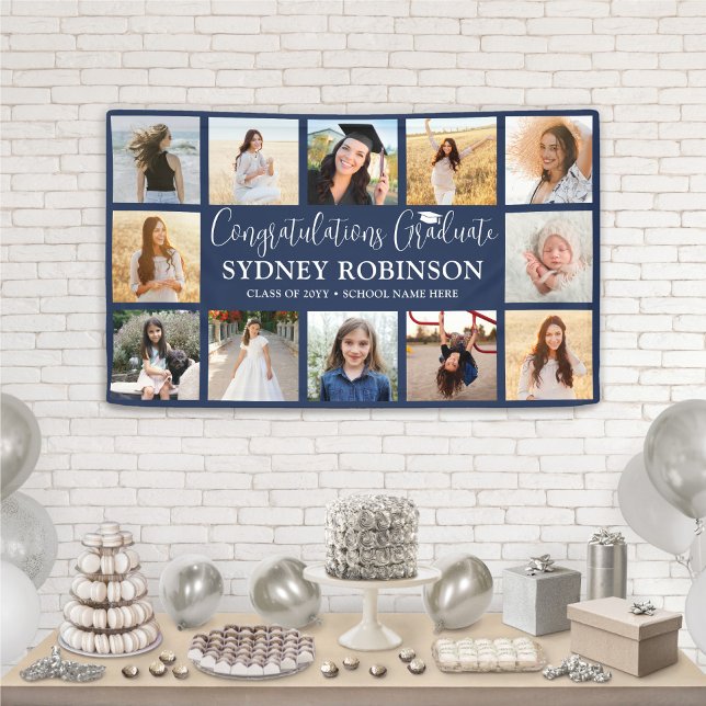 Graduation Congrats 12 Photo Collage Navy Blue Banner (Creator Uploaded)