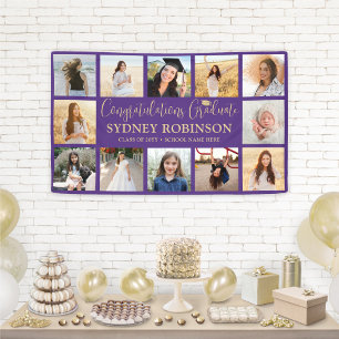 Graduation Congrats 12 Photo Collage Purple & Gold Banner