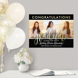 Graduation Congrats 3 Photo Collage Black and Gold Foil Prints