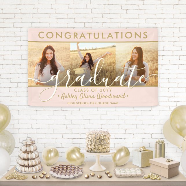 Graduation Congrats 3 Photo Collage Blush and Gold Banner (Creator Uploaded)