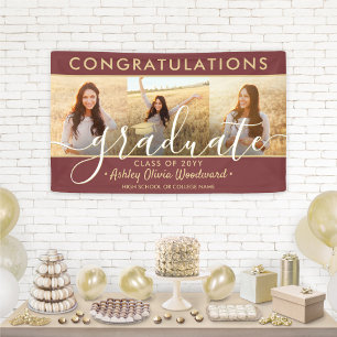 Graduation Congrats 3 Photo Collage Burgundy Gold Banner