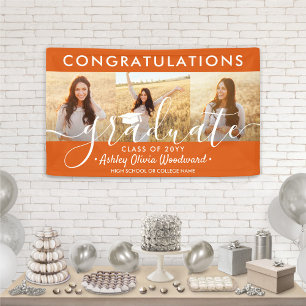 Graduation Congrats 3 Photo Collage Orange & White Banner