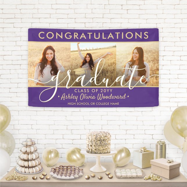 Graduation Congrats 3 Photo Collage Purple & Gold Banner (Creator Uploaded)
