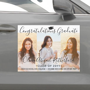 Graduation Congrats 3 Photo Elegant Script Parade Car Magnet