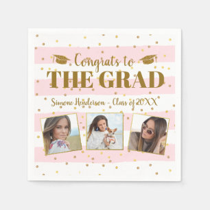 Graduation Congrats 3 Photos Gold Glitter Stripes Napkin