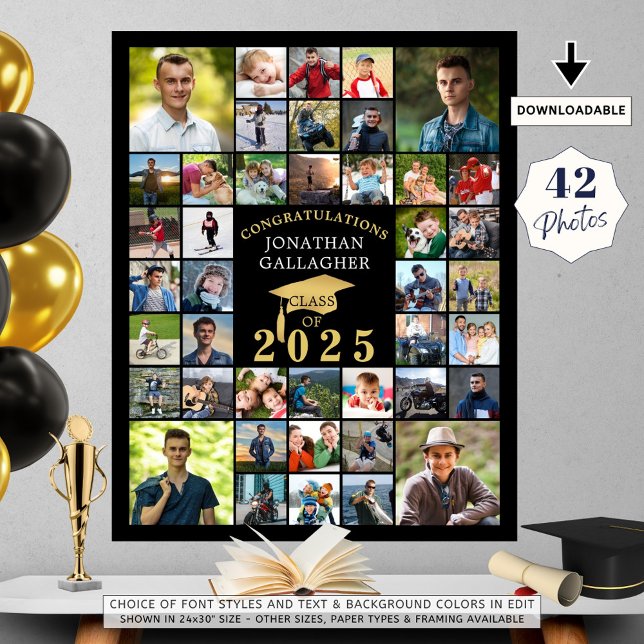 Graduation Congrats 42 Photo Collage Black Gold Poster (Creator Uploaded)