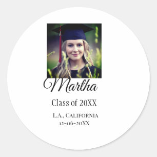 Graduation congrats add name photo city date class classic round sticker