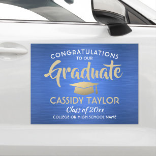 Graduation Congrats Brushed Blue Gold White Parade Car Magnet