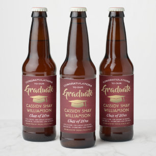 Graduation Congrats Brushed Burgundy Gold & White Beer Bottle Label