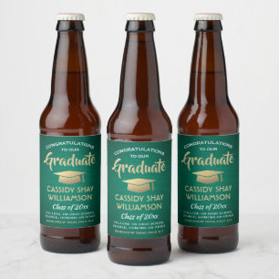 Graduation Congrats Brushed Green Gold and White Beer Bottle Label