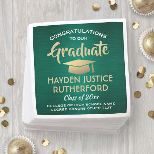 Graduation Congrats Brushed Green Gold and White Napkin