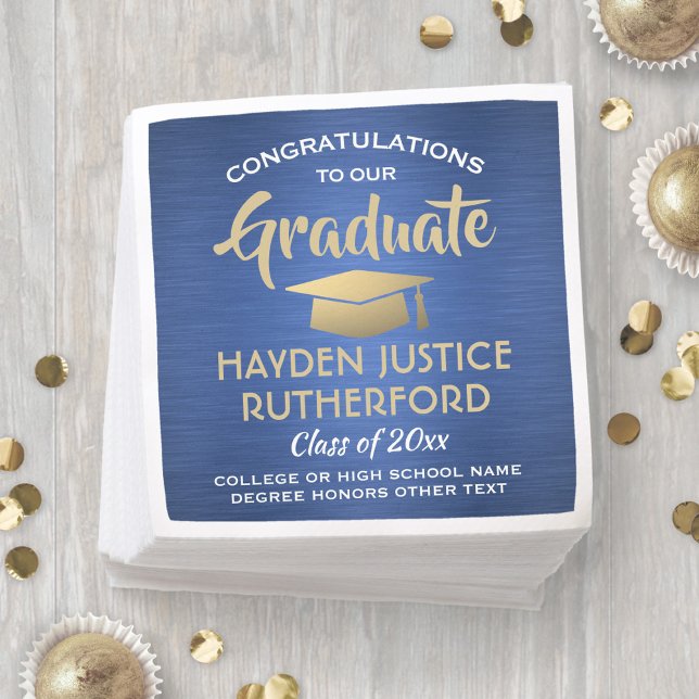 Graduation Congrats Brushed Modern Blue Gold White Napkin (Creator Uploaded)