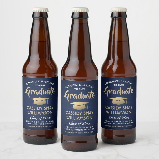 Graduation Congrats Brushed Navy Blue Gold & White Beer Bottle Label (Bottles)