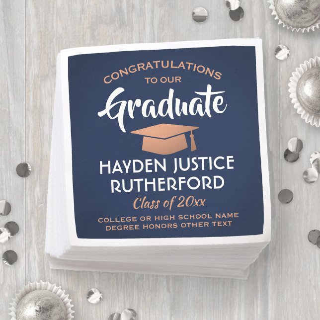 Graduation Congrats Brushed Navy Blue White Copper Napkin (Creator Uploaded)