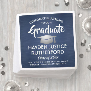 Graduation Congrats Brushed Navy Blue White Silver Napkin