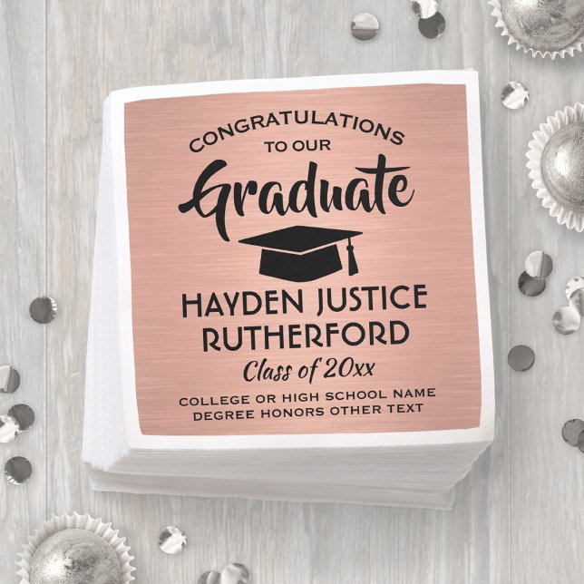 Graduation Congrats Brushed Pink Rose Gold & Black Napkin (Creator Uploaded)