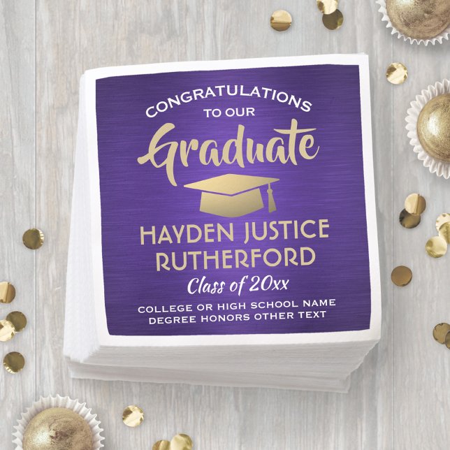 Graduation Congrats Brushed Purple Gold and White Napkin (Creator Uploaded)