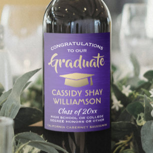 Graduation Congrats Brushed Purple Gold and White Wine Label
