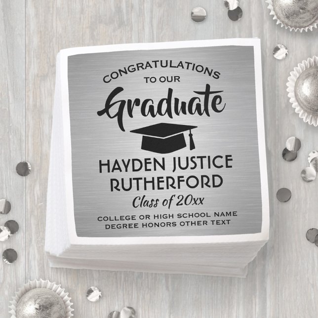 Graduation Congrats Brushed Stainless Silver Black Napkin (Creator Uploaded)