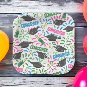 Graduation Congrats Champagne Confetti Colourful Paper Plate