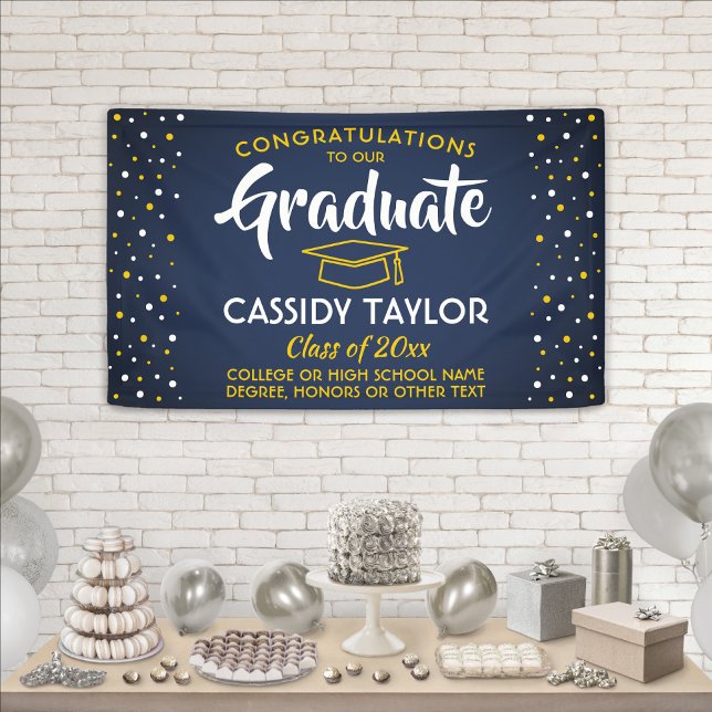 Graduation Congrats Confetti Navy Blue Gold Yellow Banner (Creator Uploaded)