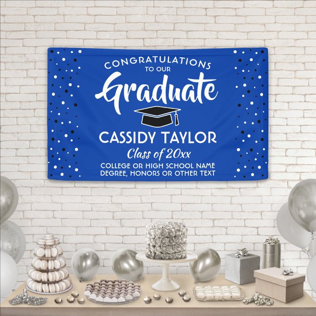 Graduation Congrats Confetti Royal Blue and White Banner (Creator Uploaded)