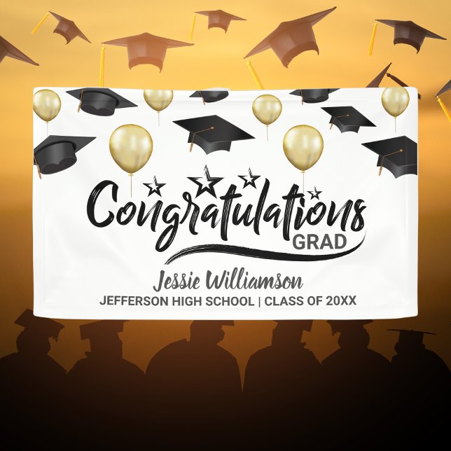Graduation Congrats Grad Black Gold Balloon Custom Banner (Creator Uploaded)
