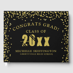 Graduation Congrats Grad Black Gold Confetti Name Guest Book