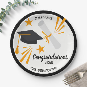 Graduation Congrats Grad Cap Diploma Stars Custom Paper Plate