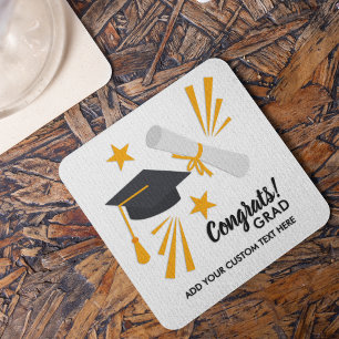 Graduation Congrats Grad Cap Diploma Stars Custom Square Paper Coaster