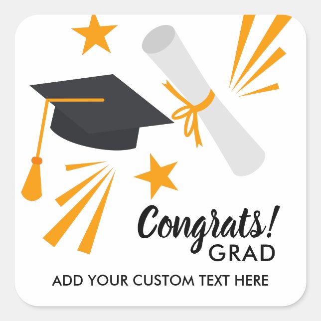 Graduation Congrats Grad Cap Diploma Stars Custom Square Sticker (Front)