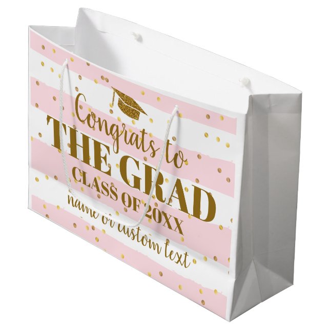 Graduation Congrats Grad Gold Glitter Stripes Large Gift Bag (Front Angled)
